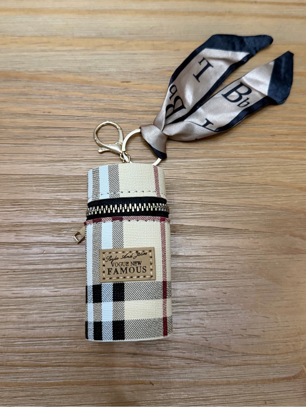 Vogue New Famous Plaid Keychain Pouch with Scarf Accent - Cream, Black, Red